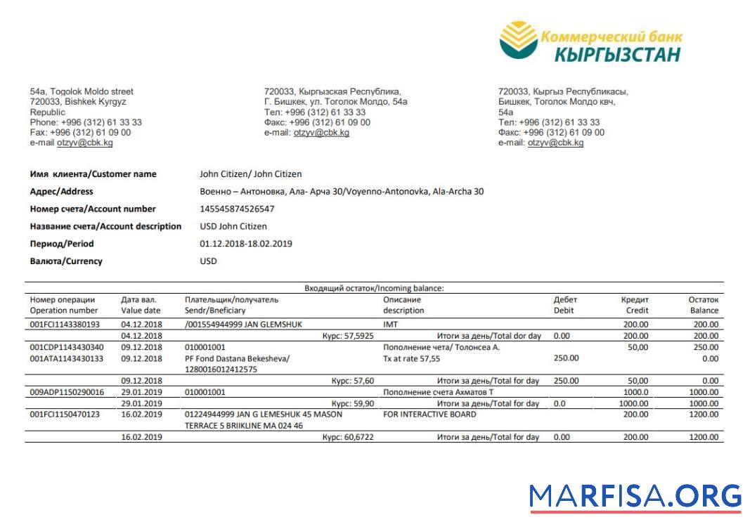 Blank Kyrgyzstan Kirgizbank proof of address bank statement word template